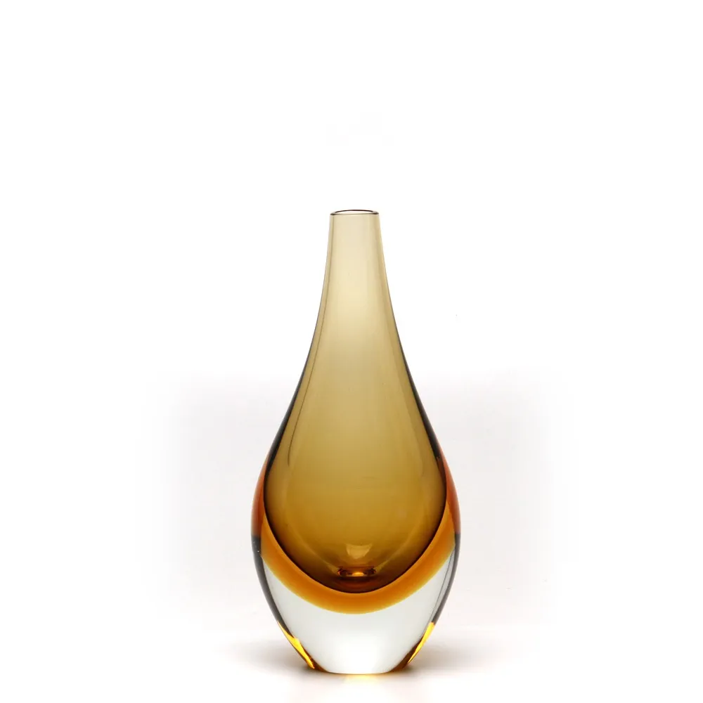 Drop Glass Vase Bicolor Smoky with Amber Murano Style Art Glass