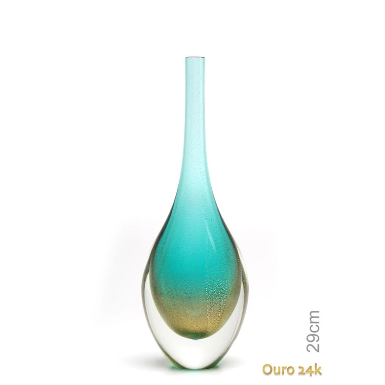 Drop Glass Vase Green with Gold Murano Style Art Glass