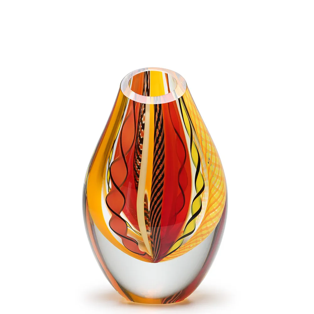 [4463] Drop Glass Vase Hippie Red, Orange and Yellow Murano Style Art Glass
