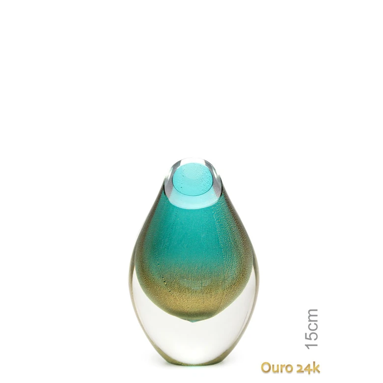 [42824] Drop Glass Vase Green with Gold  Murano Style Art Glass