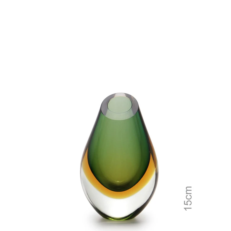 Drop Glass Vase Bicolor Green with Amber Murano Style Art Glass