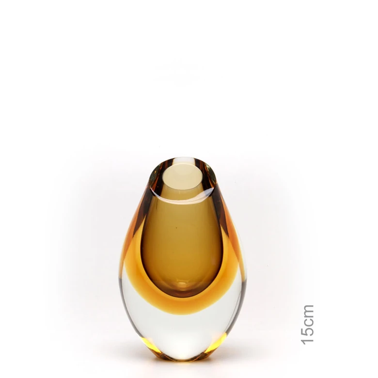 [15610] Drop Glass Vase Bicolor Smoky with Amber Murano Style Art Glass