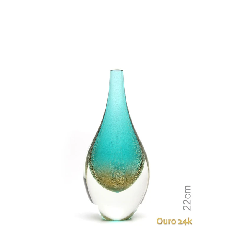 [42822] Drop Glass Vase Green with Gold  Murano Style Art Glass