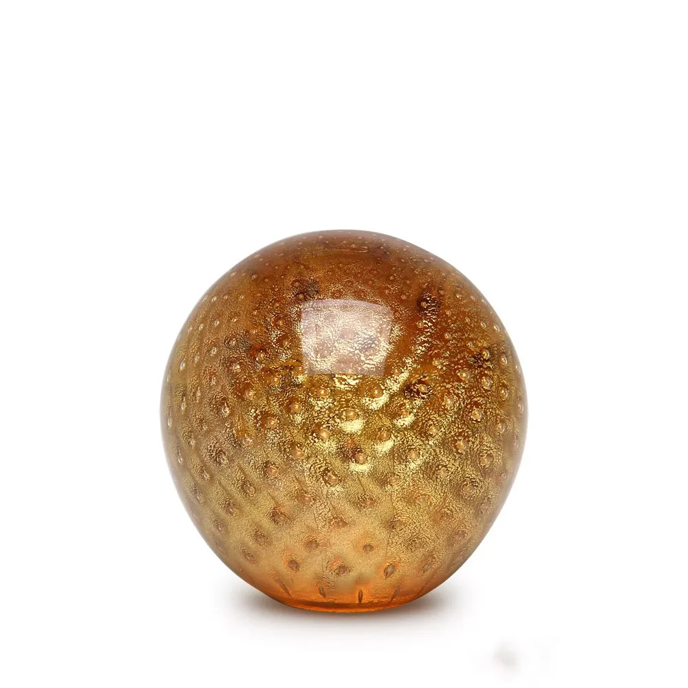 Ball Paperweight Bubble Effect Amber with Gold Murano Style Art Glass