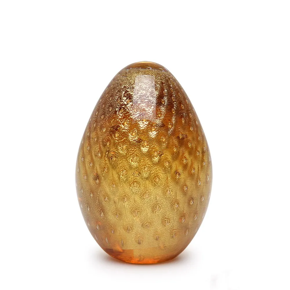 [5407] Egg Paperweight Bubble Effect Amber with Gold Murano Style Art Glass