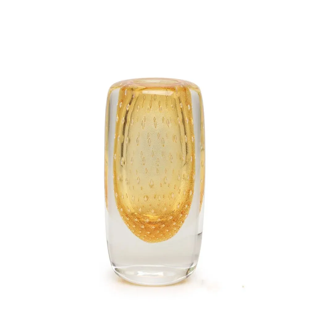 Square Glass Vase Model 2 Bubble Effect Amber with Gold Murano Style Art Glass
