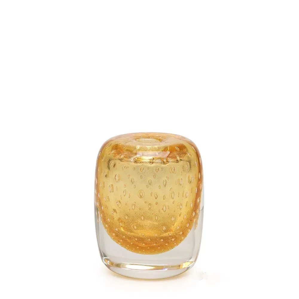 Square Glass Vase Model 3 Bubble Effect Amber with Gold Murano Style Art Glass