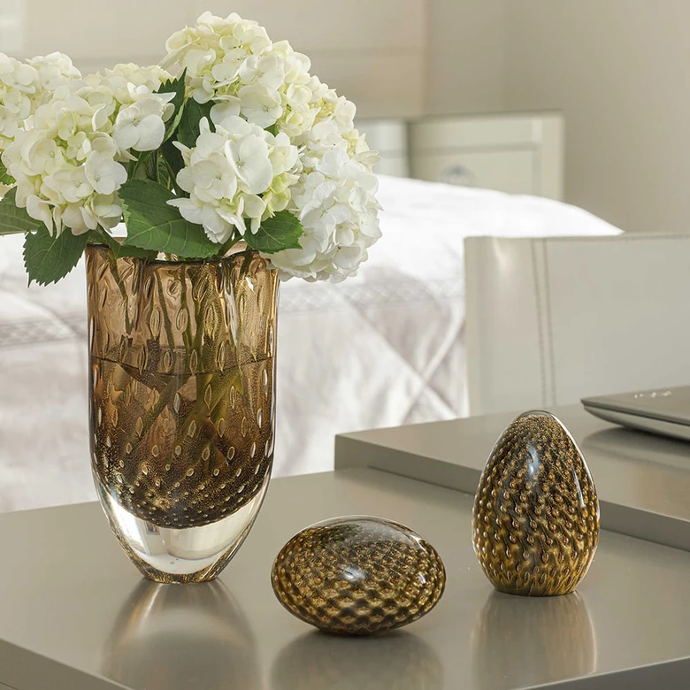 Glass Vase Roca Model 2 Bubble Effect Smoky with Gold Leaves Murano Style Art Glass