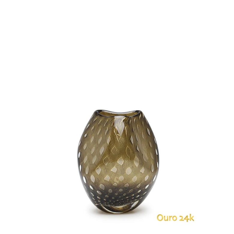 Glass Vase Roca Model 3 Bubble Effect Smoky with Gold Leaves Murano Style Art Glass