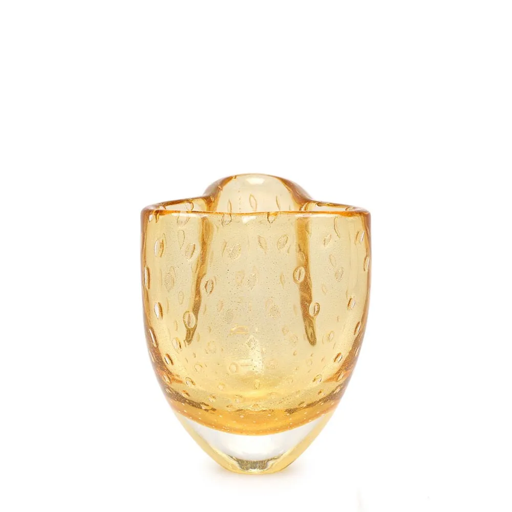 [17575] Clover Glass Vase Model 3 Bubble Effect Amber with Gold Murano Style Art Glass